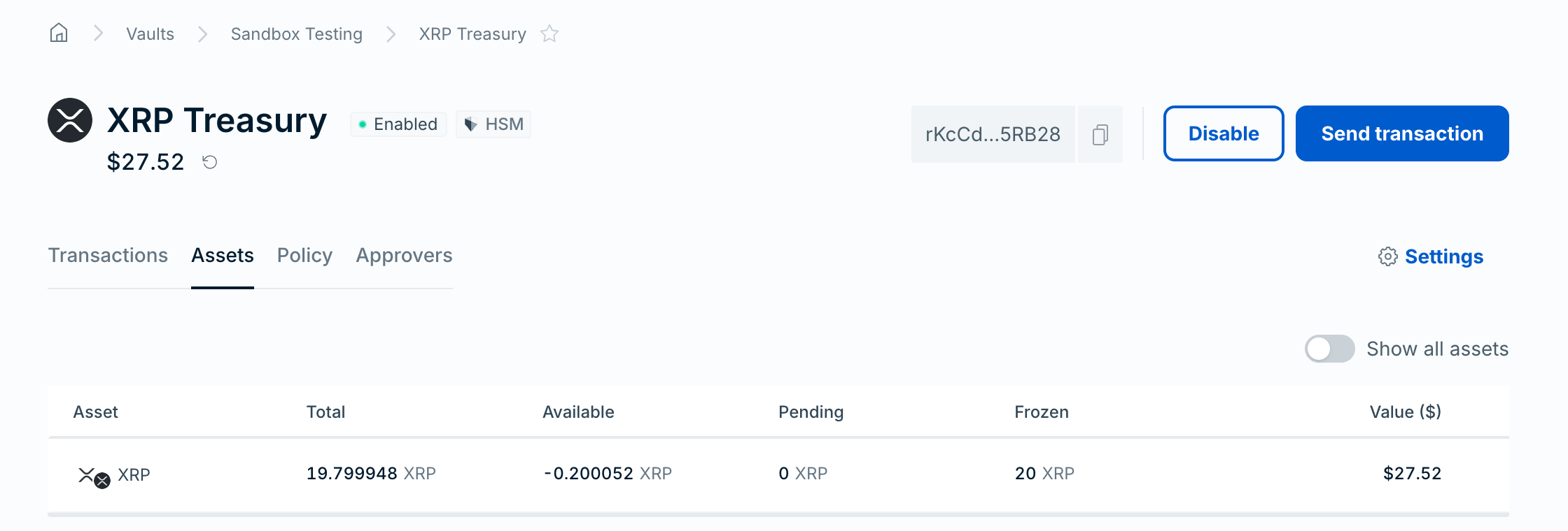 The Assets tab of a wallet, with Total, Available, Pending, and Frozen columns and a non-zero Frozen amount