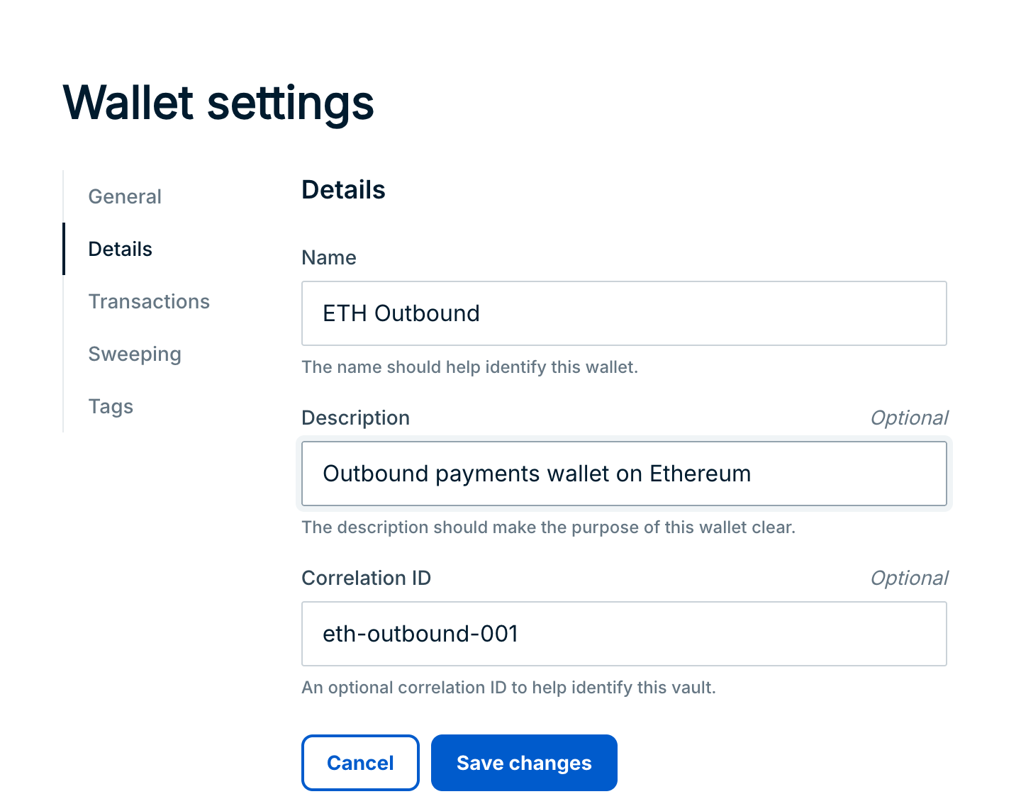 The Details tab of Wallet settings with the Name, Description, and Correlation ID fields
