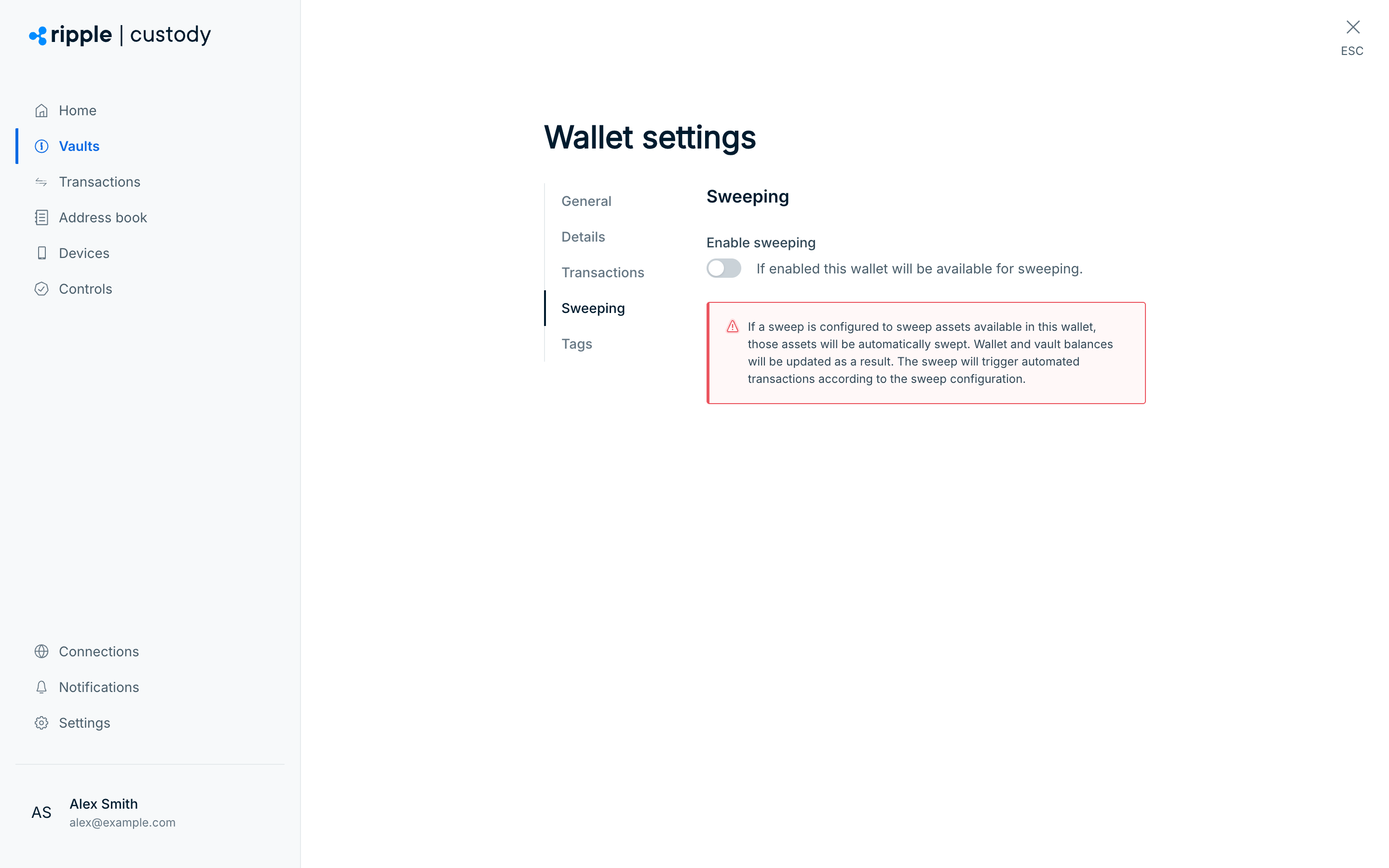 The Sweeping tab of Wallet settings, with the Enable sweeping switch