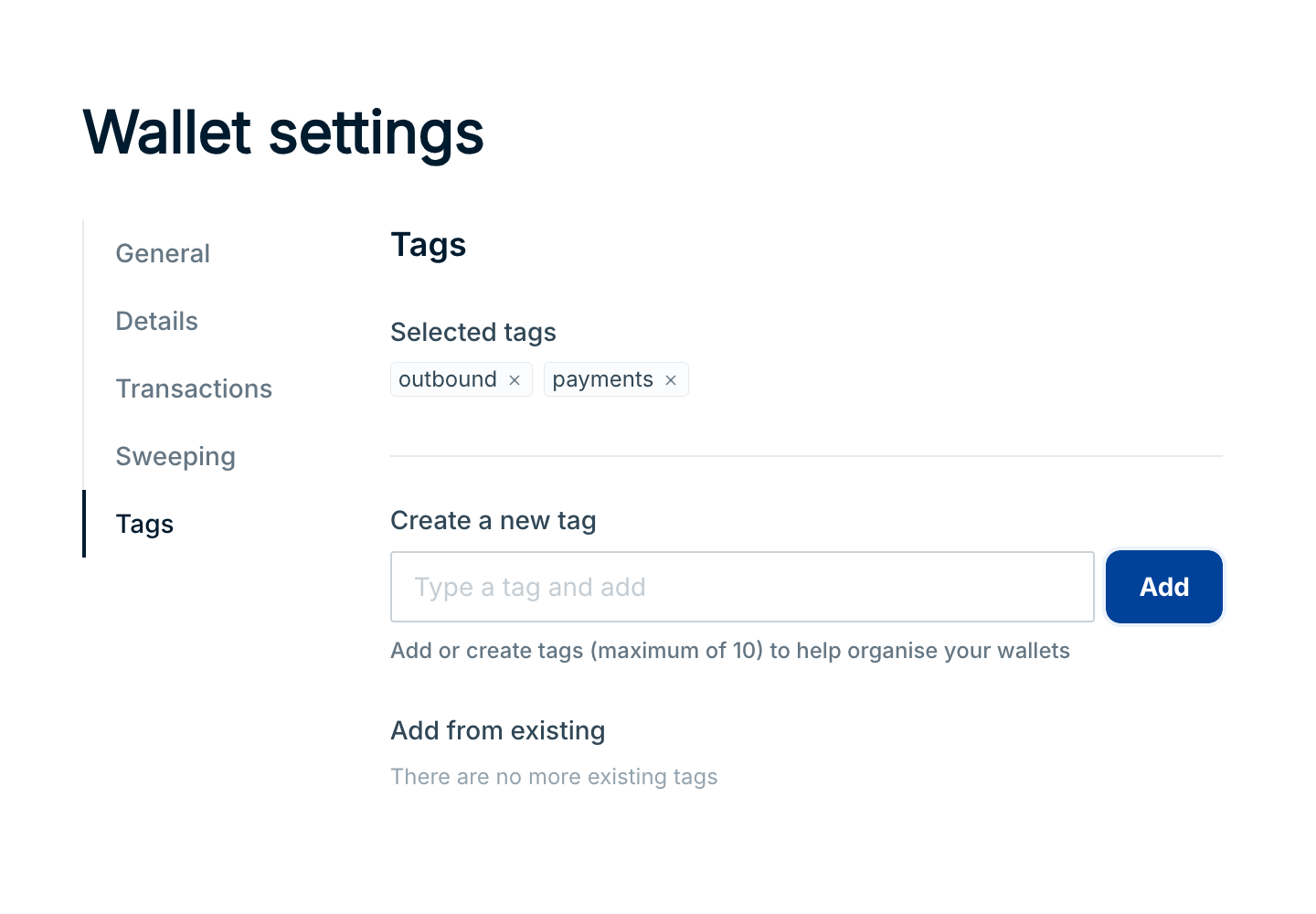 The Tags tab of Wallet settings with two selected tags, the Create a new tag field, and an empty Add from existing list