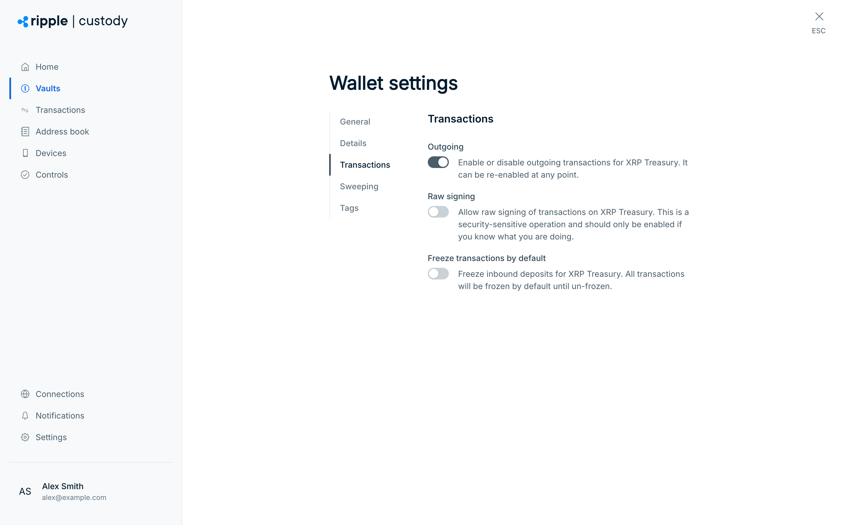 The Transactions tab of Wallet settings, with the Outgoing, Raw signing, and Freeze transactions by default switches