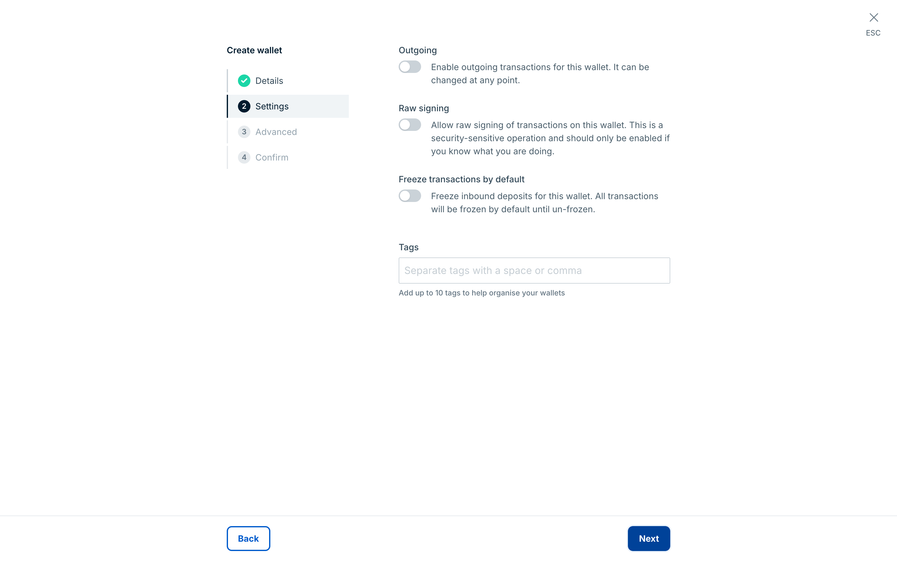 The Settings step of the Create wallet form, with the Outgoing, Raw signing, and Freeze transactions by default switches and the Tags field
