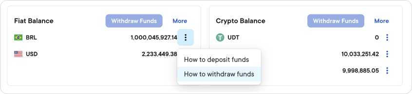 Account balance widget with options menu open