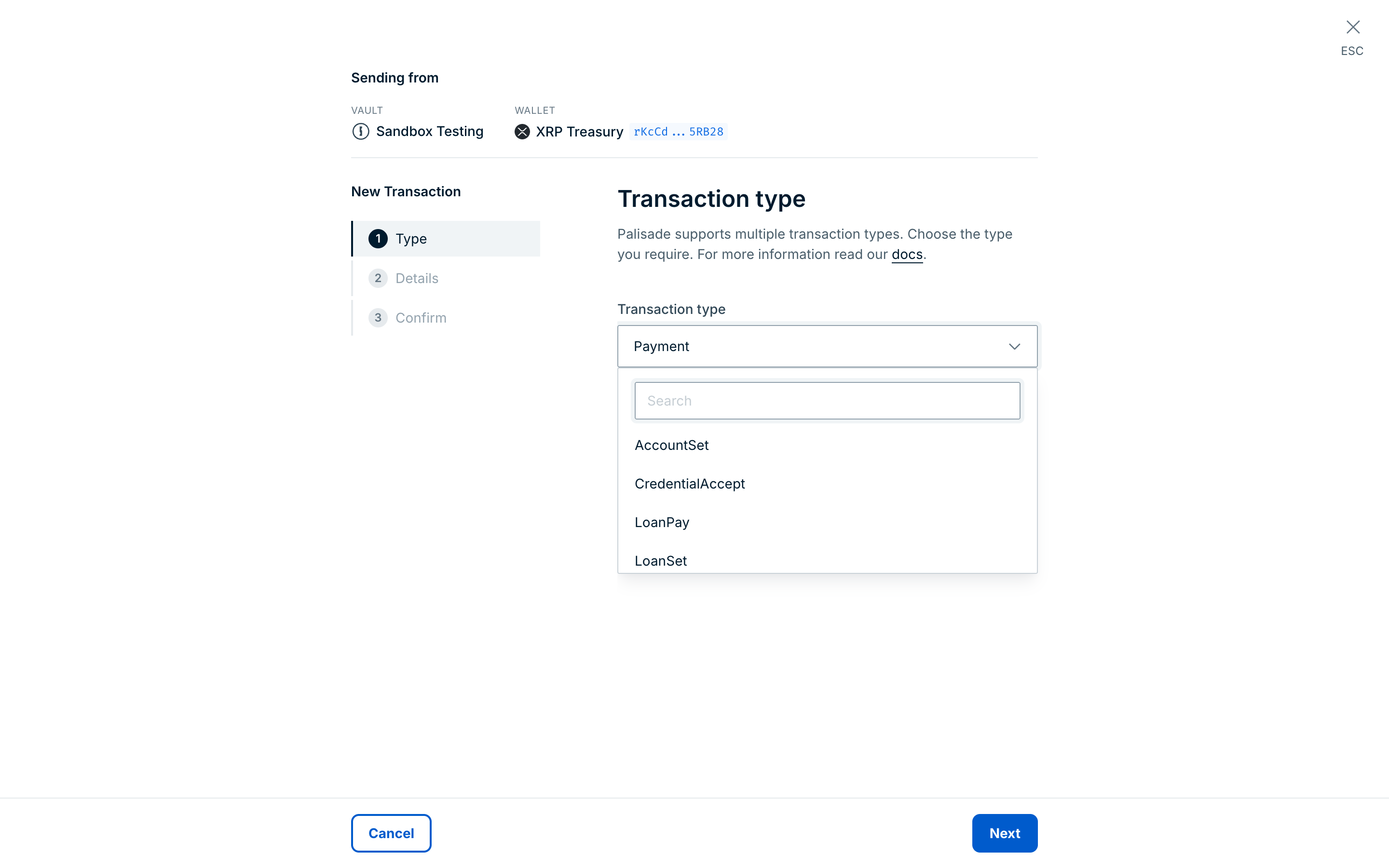 The Type step of the New Transaction form for an XRP Ledger wallet, with the transaction type list open