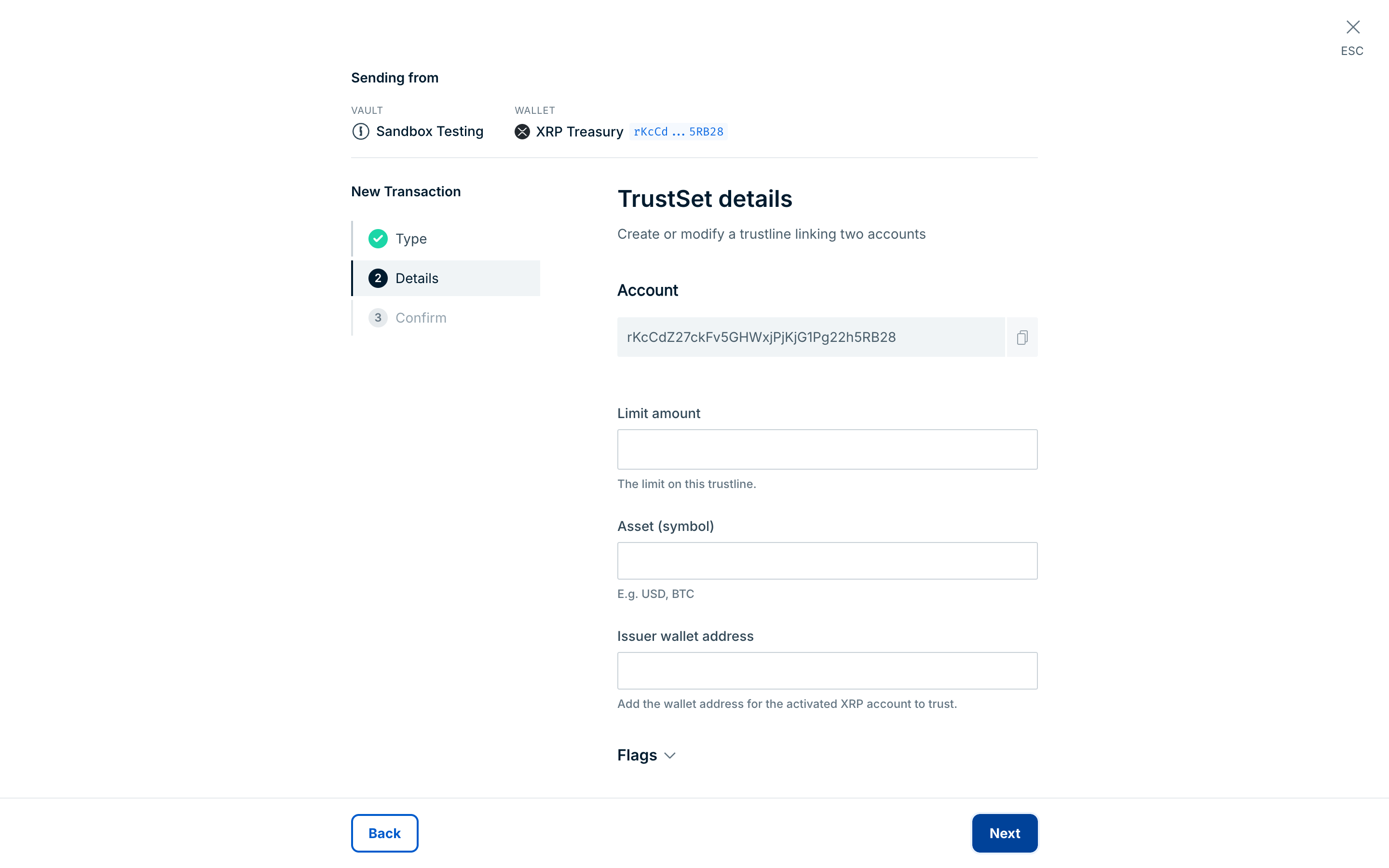 The TrustLine details step, with the Limit amount, Asset (symbol), and Issuer wallet address fields