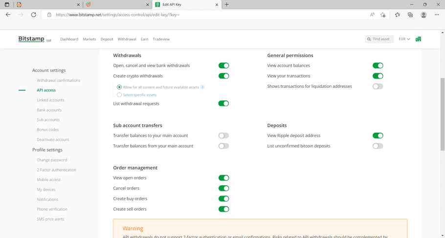 Bitstamp API ACCESS page