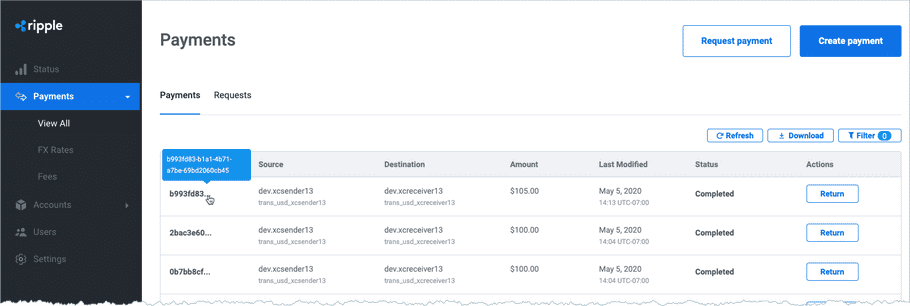 Single Payment Received in RippleNet UI