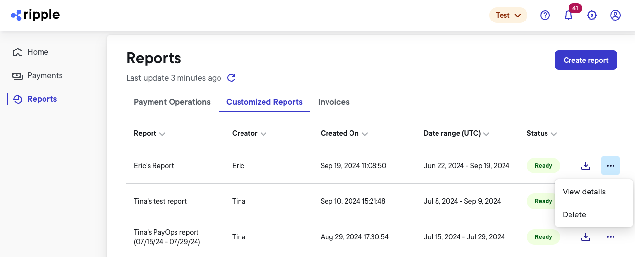 Reports page Customized Report