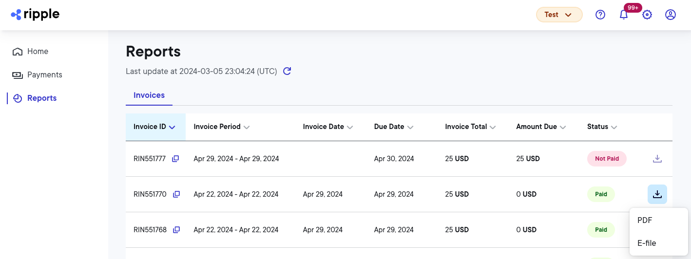 Reports page Invoices