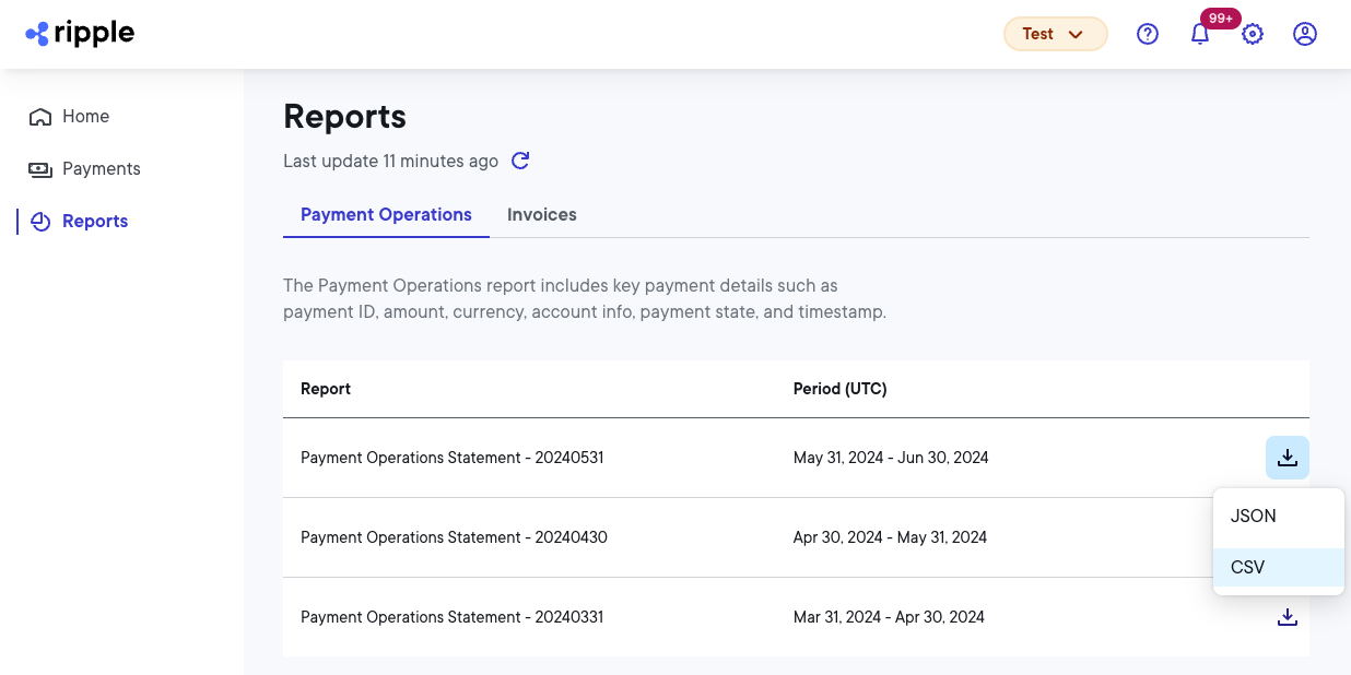 Reports page Payment Operations