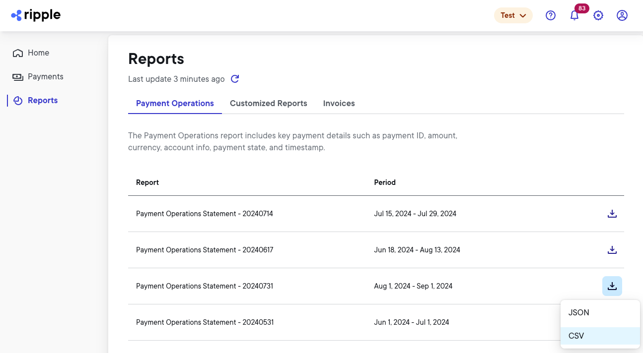 Reports page Payment Operations