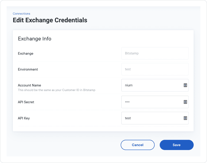 Edit Exchange Credentials page