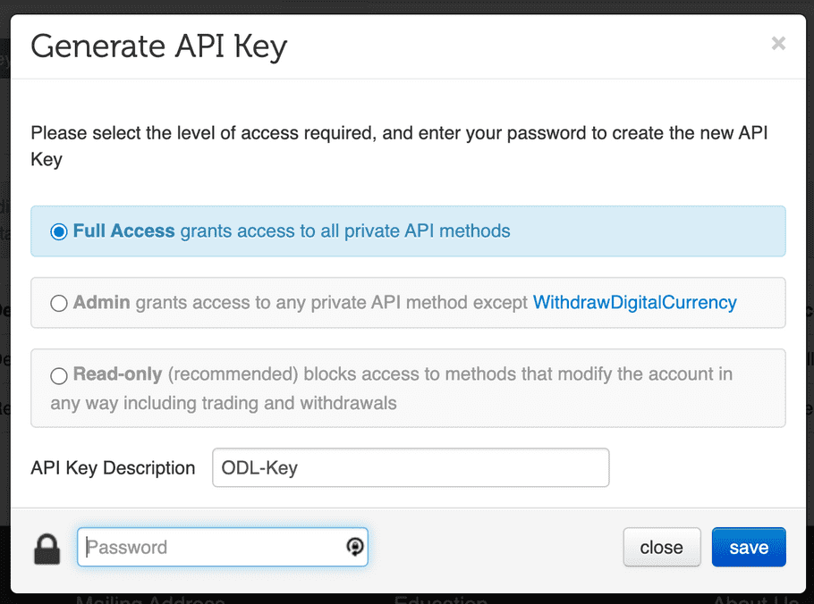 Independent Reserve Generate API Key window