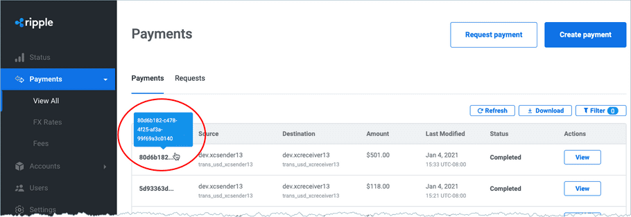 Single Payment Created in RippleNet UI